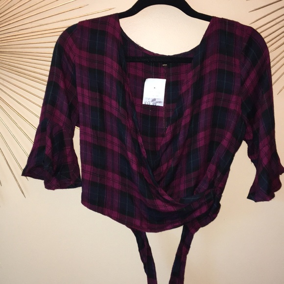 Bell sleeve plaid wrap top - Picture 1 of 3